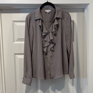 Calvin Klein Gray Ruffled Button Down Shirt